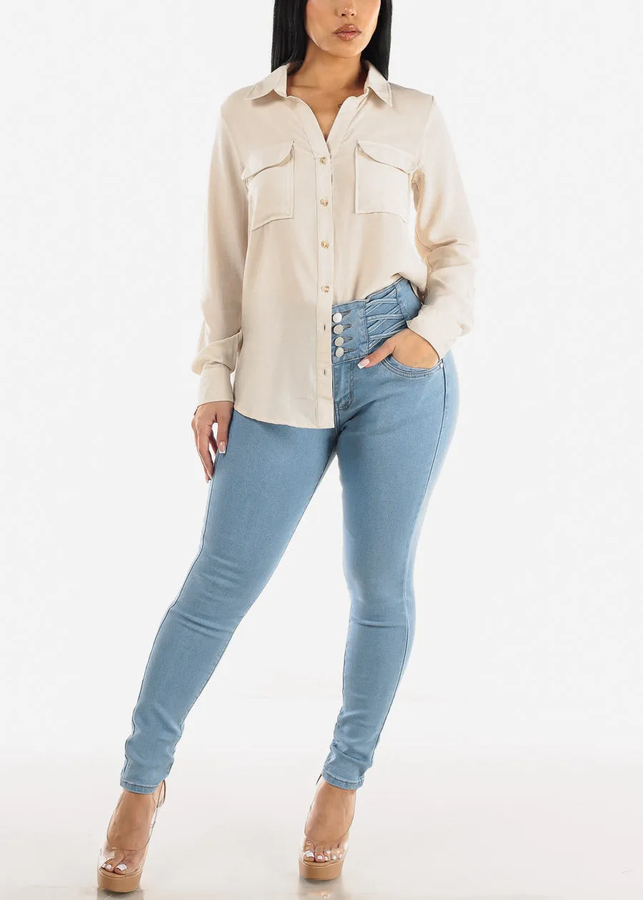 Super High Waist Levantacola Light Blue Skinny Jeans w Lace Design sold by Moda product image thumbnail 2