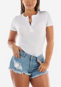 White Button Up Neckline Rib Knit Top sold by Moda