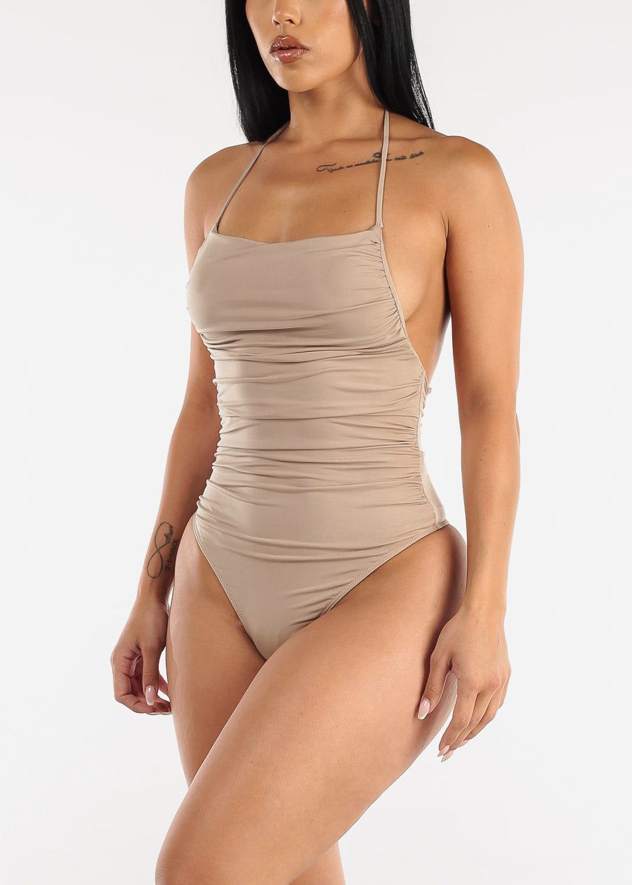 Halter Ruched Khaki Thong Bodysuit sold by Moda
