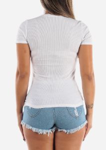 White Button Up Neckline Rib Knit Top sold by Moda