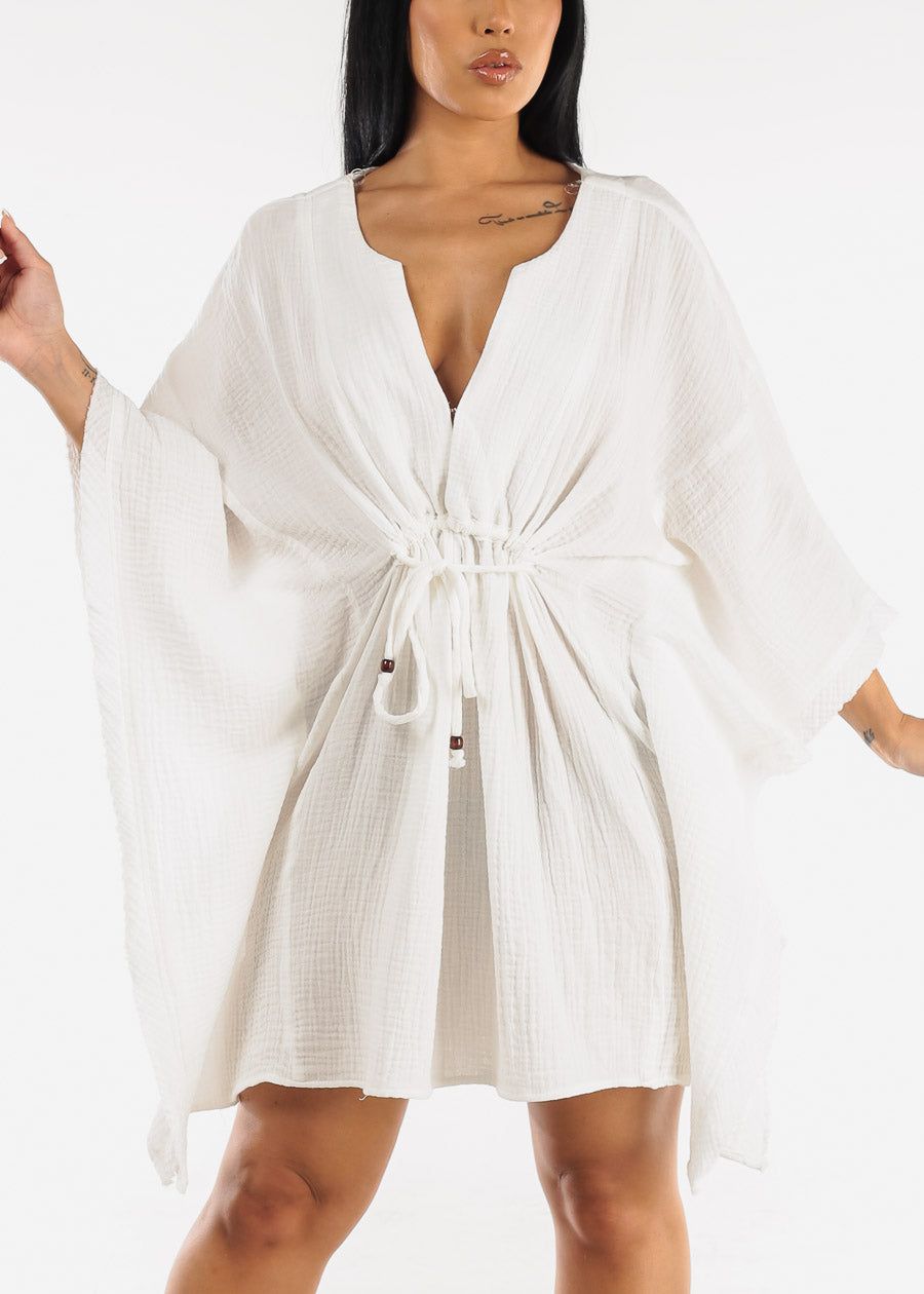 White Cotton Cover Up Kimono w Drawstring Waist sold by Moda