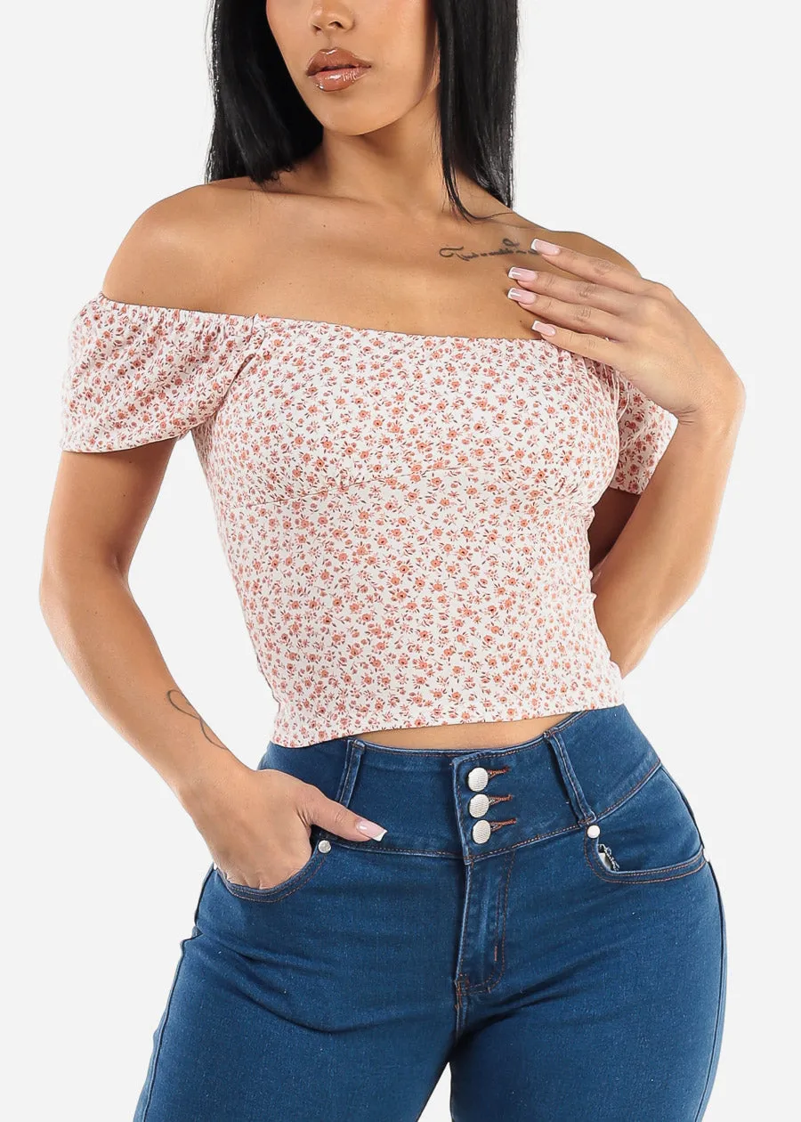 Off Shoulder Floral Crop Top Off White sold by Moda