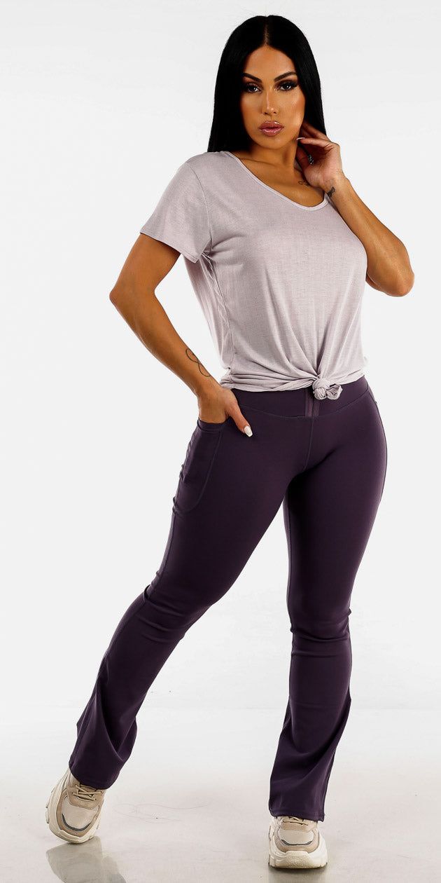 High Rise Purple Corset Flared Leggings with Lilac Short Sleeve Workout Tunic Tee sold by Moda