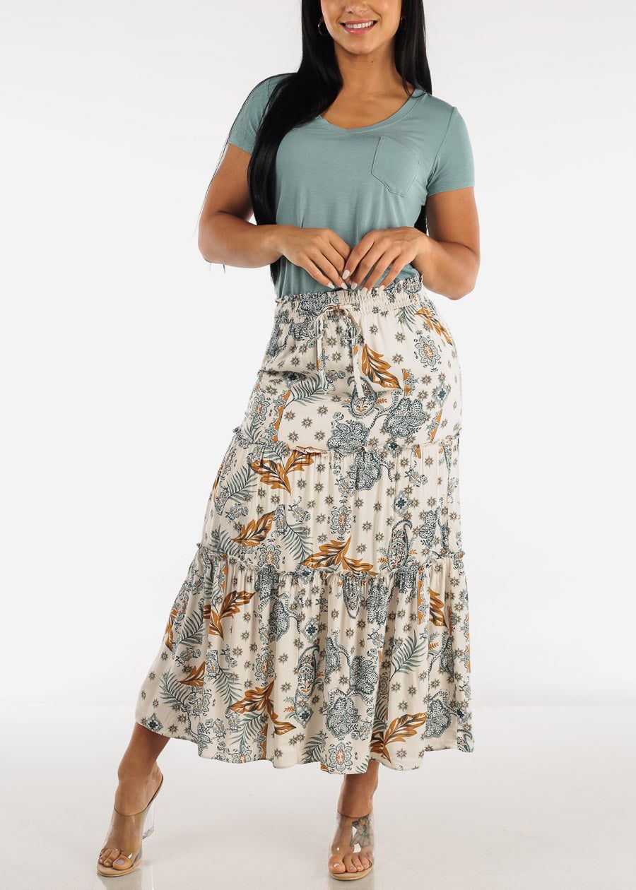 Floral Smocked Waist Tiered Maxi Skirt Ivory sold by Moda product image thumbnail 2