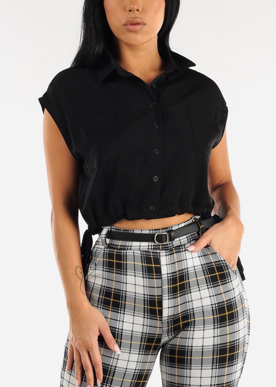 Black Button Up Shirt w Adjustable Drawstring Hem sold by Moda