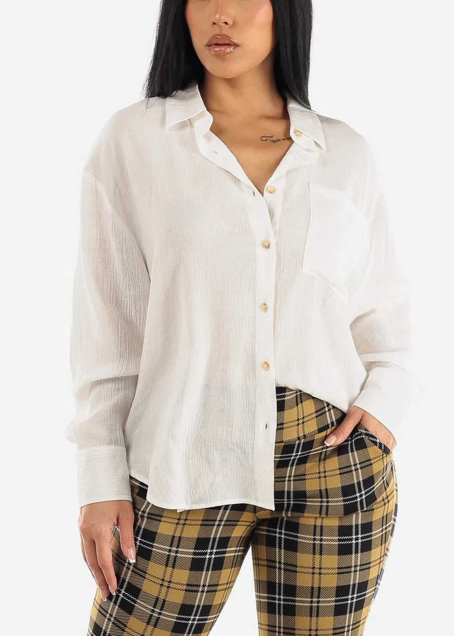 White Long Sleeve Textured Button Down Shirt sold by Moda