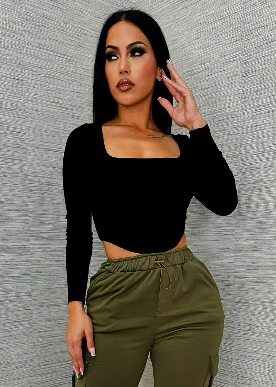 Square Neck Long Sleeve Black Crop Top sold by Moda