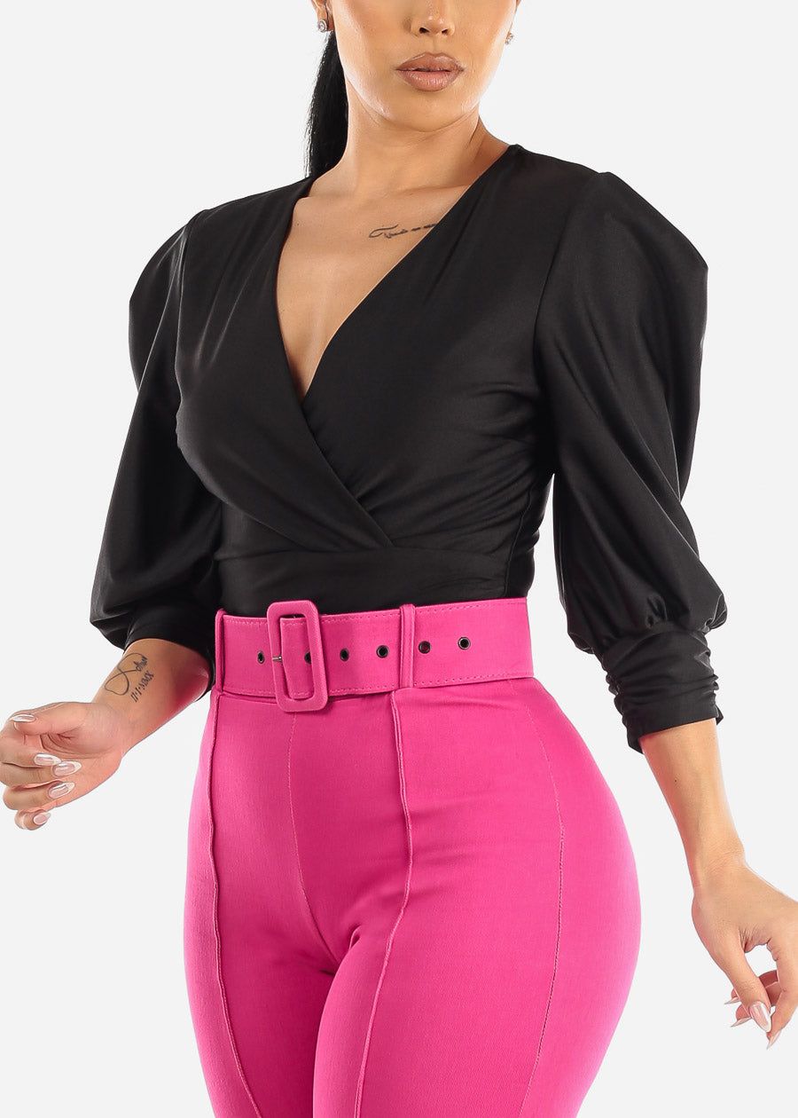 Black Quarter Sleeve Surplice Satin Thong Bodysuit sold by Moda product image thumbnail 5