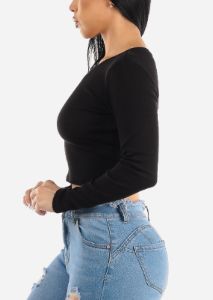 Black Crewneck Long Sleeve Crop Top sold by Moda