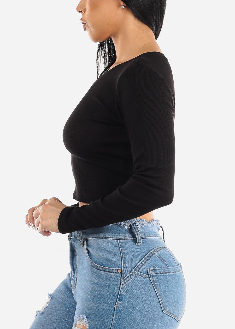 Black Crewneck Long Sleeve Crop Top sold by Moda product image thumbnail 4