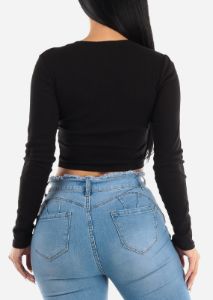 Black Crewneck Long Sleeve Crop Top sold by Moda