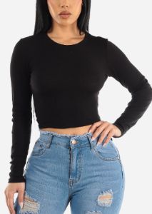 Black Crewneck Long Sleeve Crop Top sold by Moda