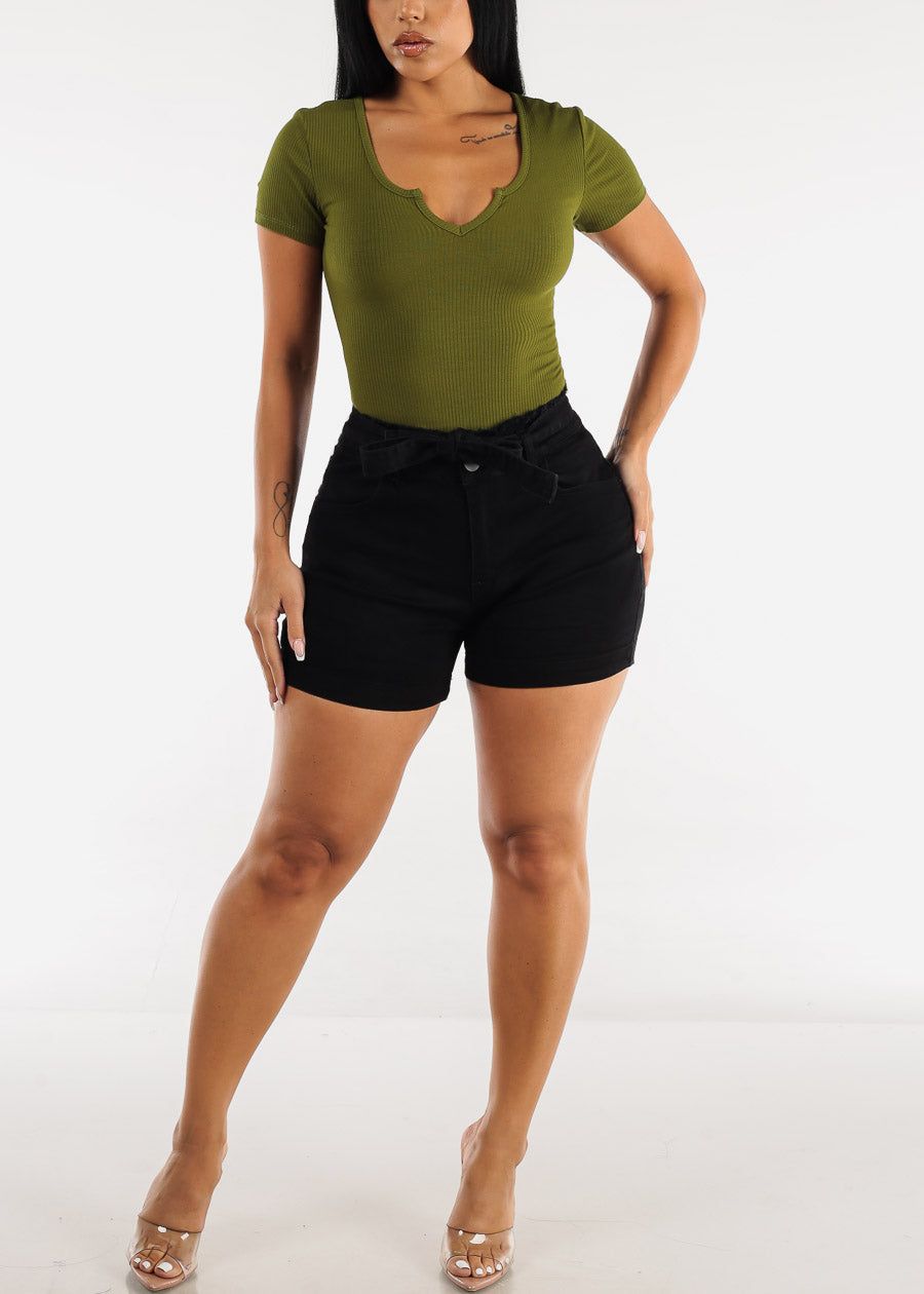 Short Sleeve Notched Ribbed Bodysuit Olive sold by Moda product image thumbnail 2