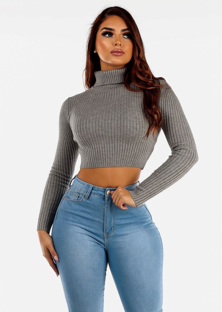 Turtleneck Long Sleeve Crop Sweater Grey sold by Moda