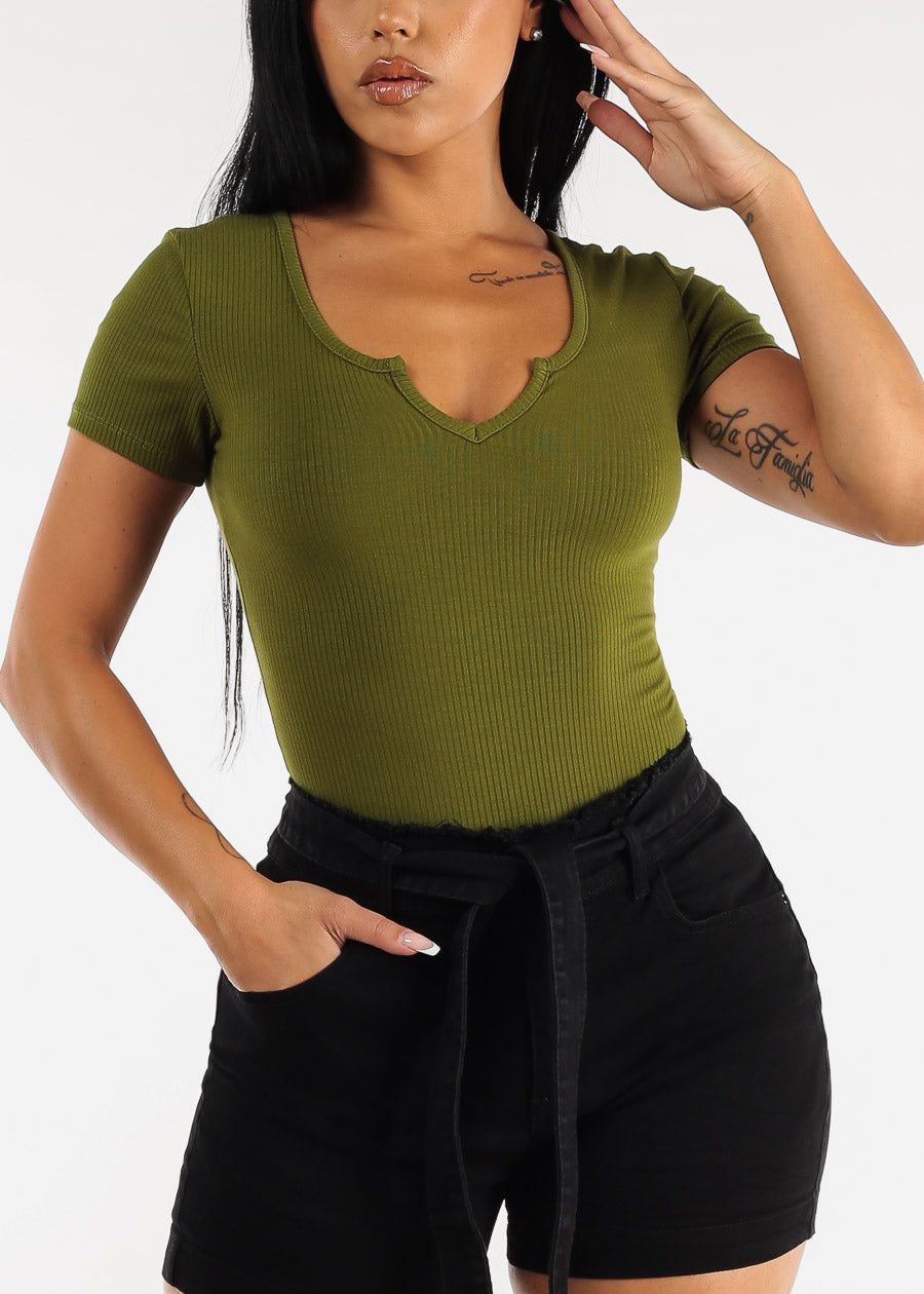 Short Sleeve Notched Ribbed Bodysuit Olive sold by Moda product image thumbnail 5