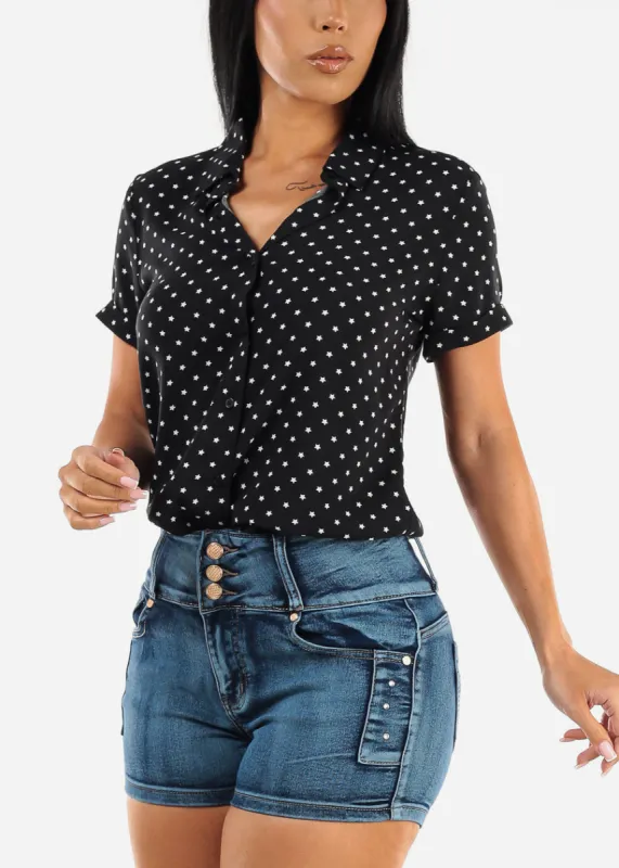 Black Short Sleeve Button Up Printed Shirt sold by Moda