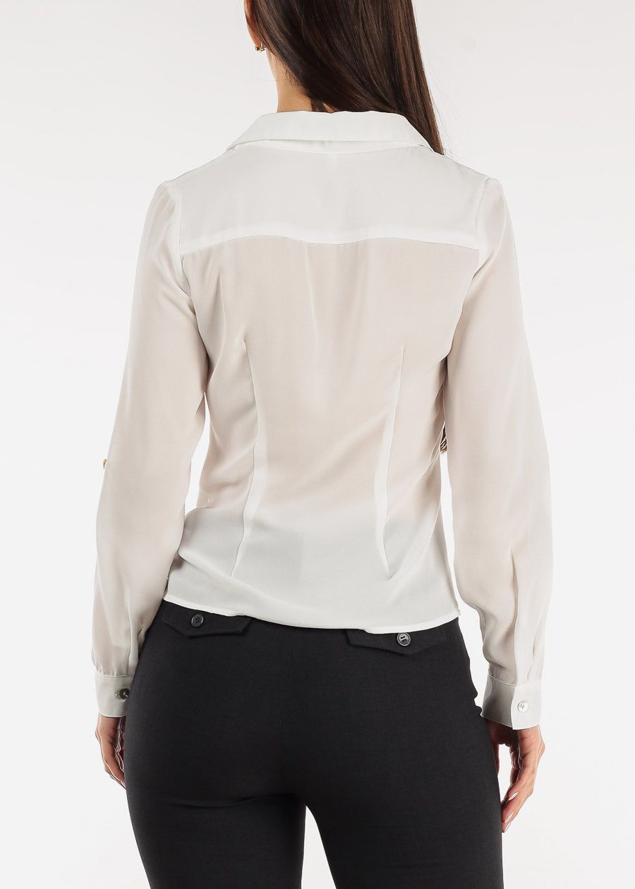 Long Sleeve Button Down Ruched Collared Blouse White sold by Moda product image thumbnail 4