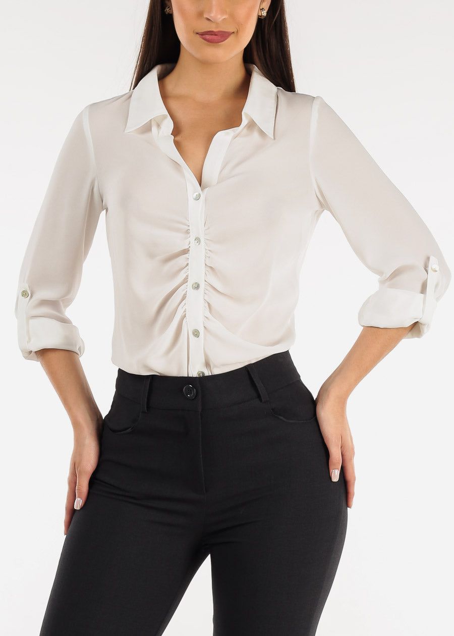 Long Sleeve Button Down Ruched Collared Blouse White sold by Moda