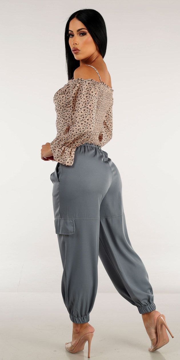 High Rise Pleated Ankle Jogger Pants with Pink Off Shoulder Floral Cami Crop Top sold by Moda product image thumbnail 2