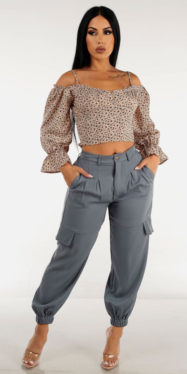 High Rise Pleated Ankle Jogger Pants with Pink Off Shoulder Floral Cami Crop Top sold by Moda