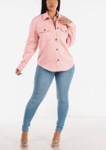 Cotton Long Sleeve Pink Denim Shacket sold by Moda