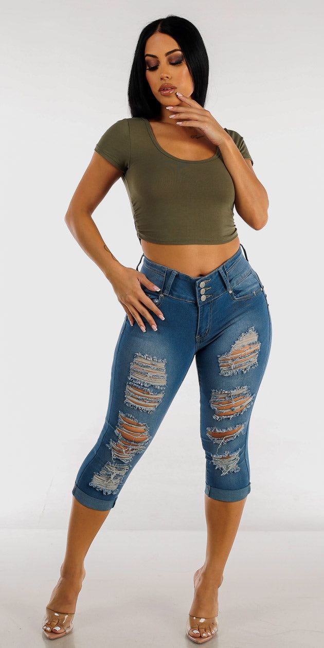 Torn Levantacola Cuffed Denim Capris with Ruched Sides Olive Crop Top sold by Moda