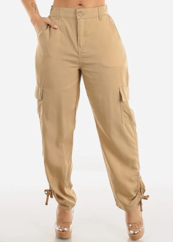 High Rise Spandex Waist Ruched Hem Khaki Cargo Pants sold by Moda
