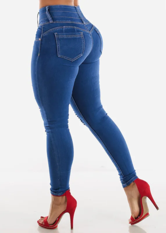 High Waisted Butt Lift Blue Distressed Jeans sold by Moda