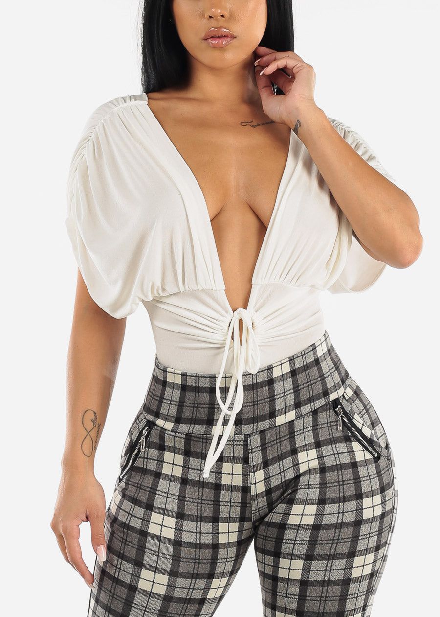 Sexy Plunge Neckline Ivory Bodysuit sold by Moda