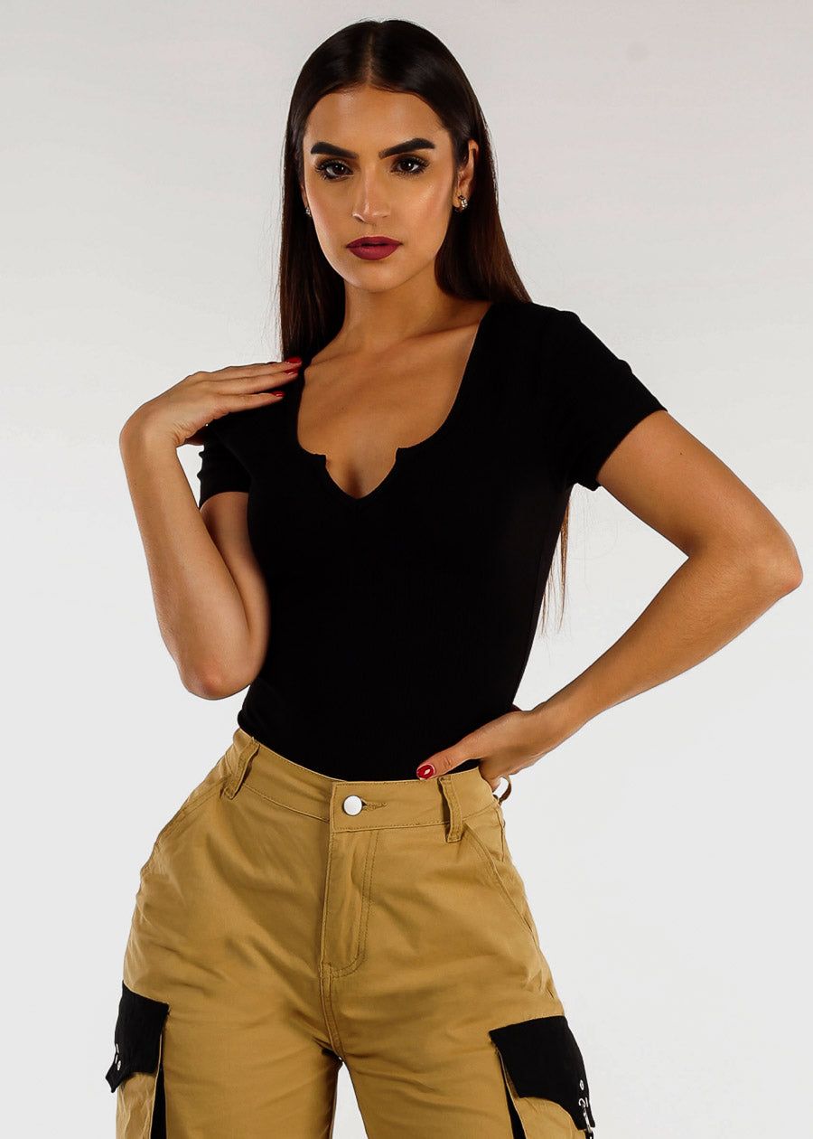 Black Short Sleeve Notched Ribbed Thong Bodysuit sold by Moda product image thumbnail 5