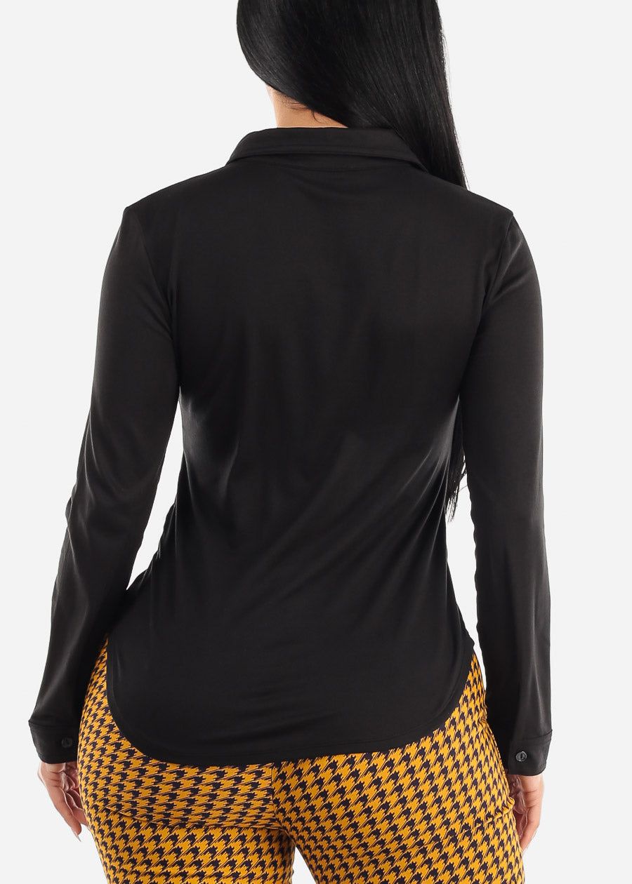Black Long Sleeve Button Up Fitted Collared Top sold by Moda product image thumbnail 4