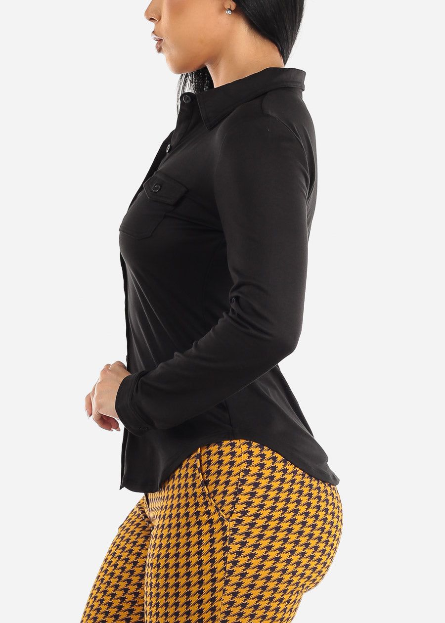 Black Long Sleeve Button Up Fitted Collared Top sold by Moda product image thumbnail 3