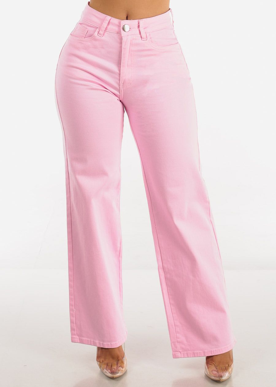 Hyper Stretch High Waist Wide Leg Straight Jeans Light Pink sold by Moda