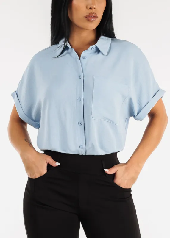 Short Sleeve Relaxed Fit Button Up Shirt Light Blue sold by Moda