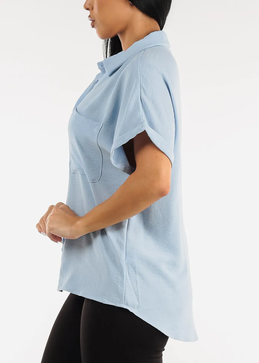 Short Sleeve Relaxed Fit Button Up Shirt Light Blue sold by Moda product image thumbnail 3