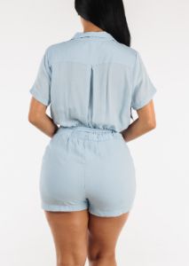 Short Sleeve Button Up Belted Romper Light Blue sold by Moda