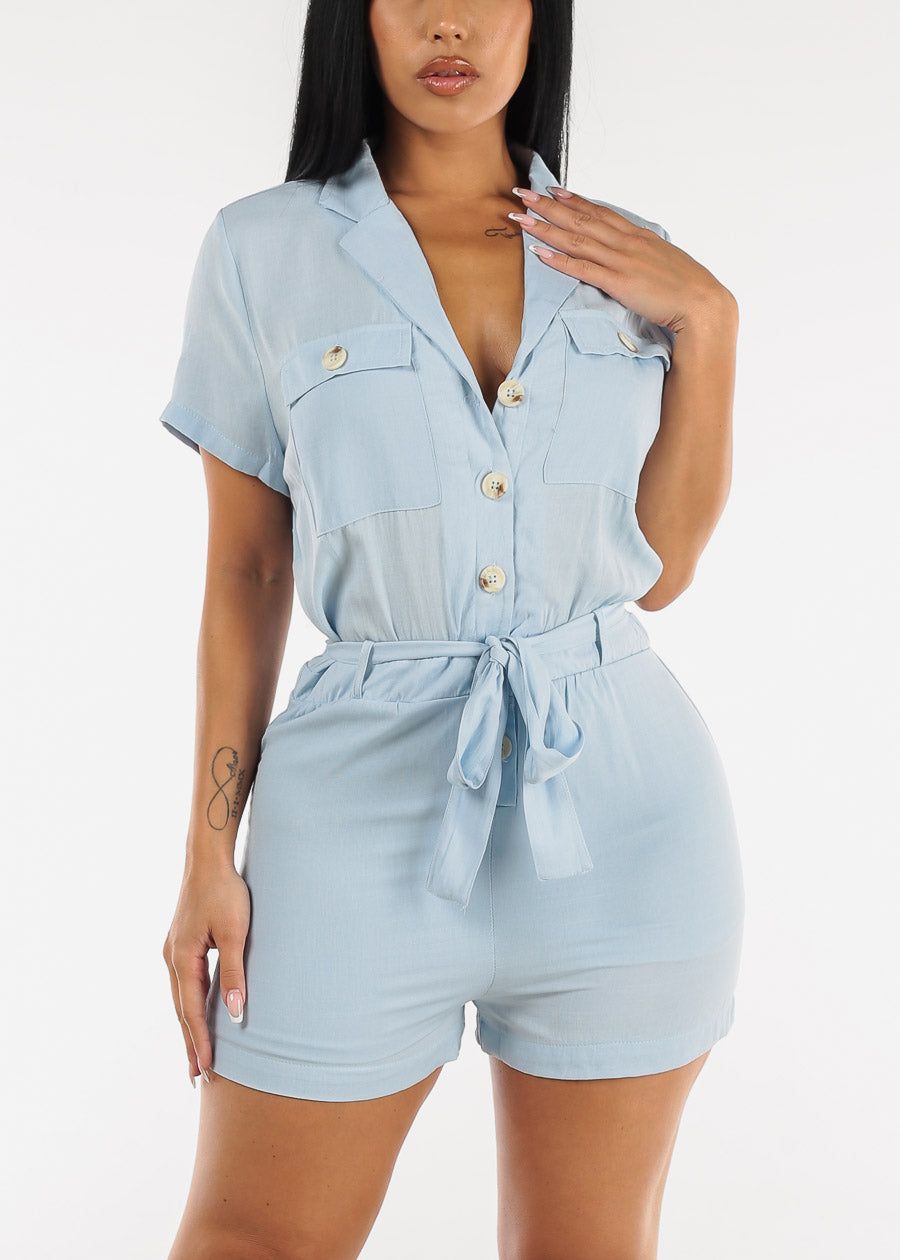 Short Sleeve Button Up Belted Romper Light Blue sold by Moda