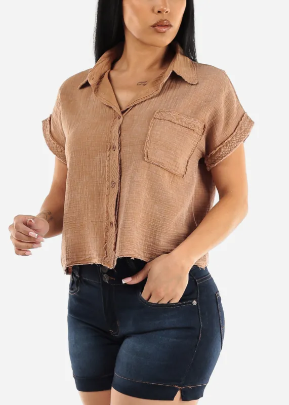 Short Sleeve Button Down Cotton Shirt Taupe sold by Moda