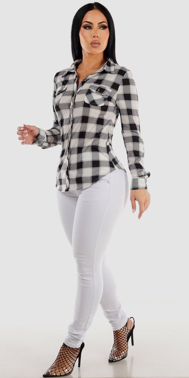 White Butt Lifiting Skinny Jeans with Plaid Long Sleeve Button Up Shirt Ivory & White sold by Moda