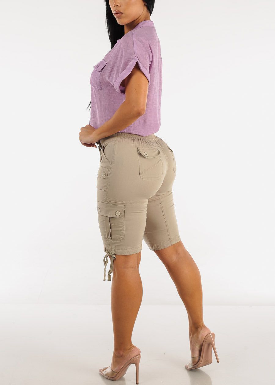 Khaki High Waist Drawstring Cargo Bermuda Shorts sold by Moda product image thumbnail 5