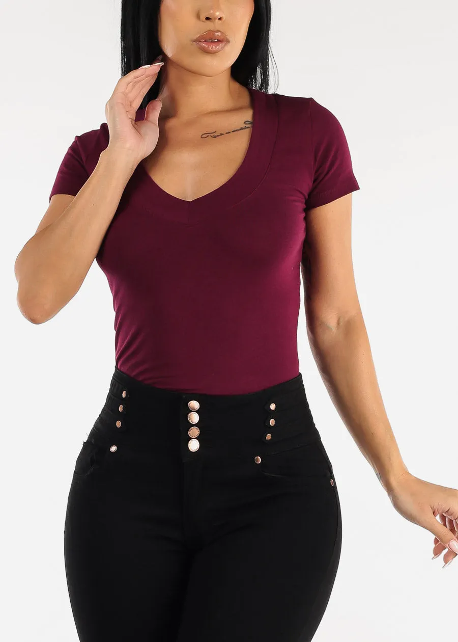 V-Neck Basic T-Shirt (Burgundy) sold by Moda