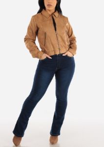 Suede Zip Up Long Sleeve Collared Jacket Khaki sold by Moda