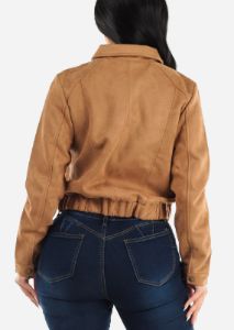 Suede Zip Up Long Sleeve Collared Jacket Khaki sold by Moda