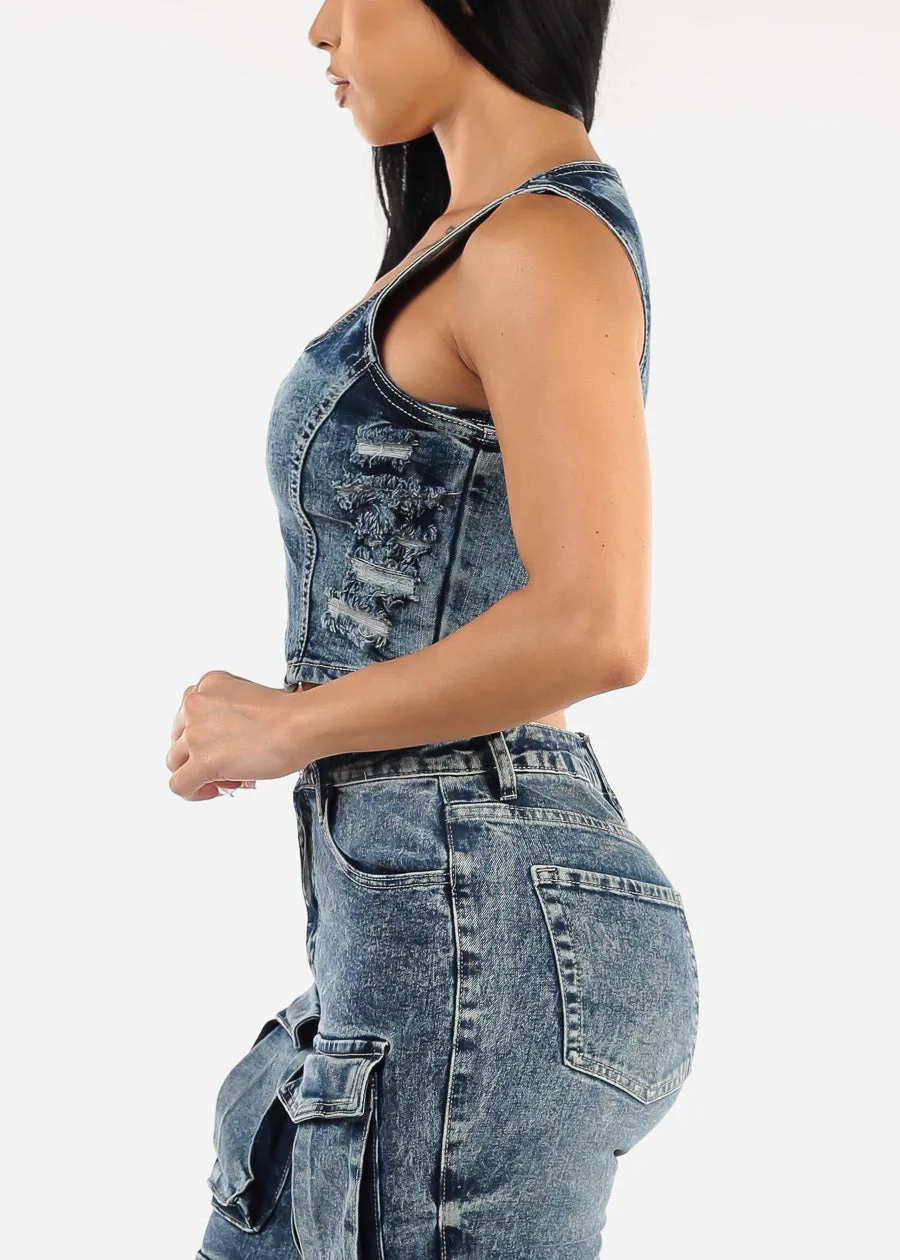 Sleeveless Distressed Acid Wash Denim Vest Blue sold by Moda product image thumbnail 3