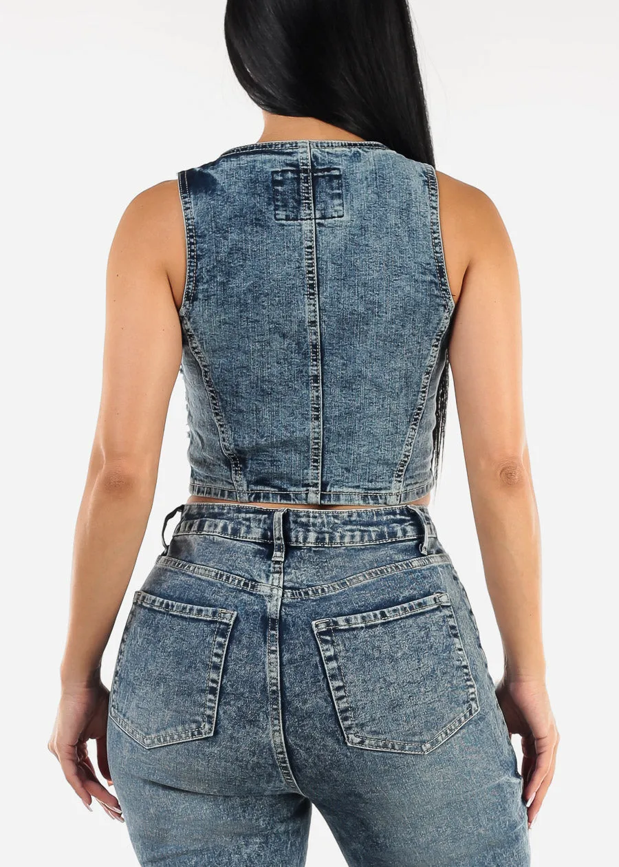 Sleeveless Distressed Acid Wash Denim Vest Blue sold by Moda product image thumbnail 4