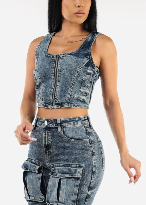 Sleeveless Distressed Acid Wash Denim Vest Blue sold by Moda