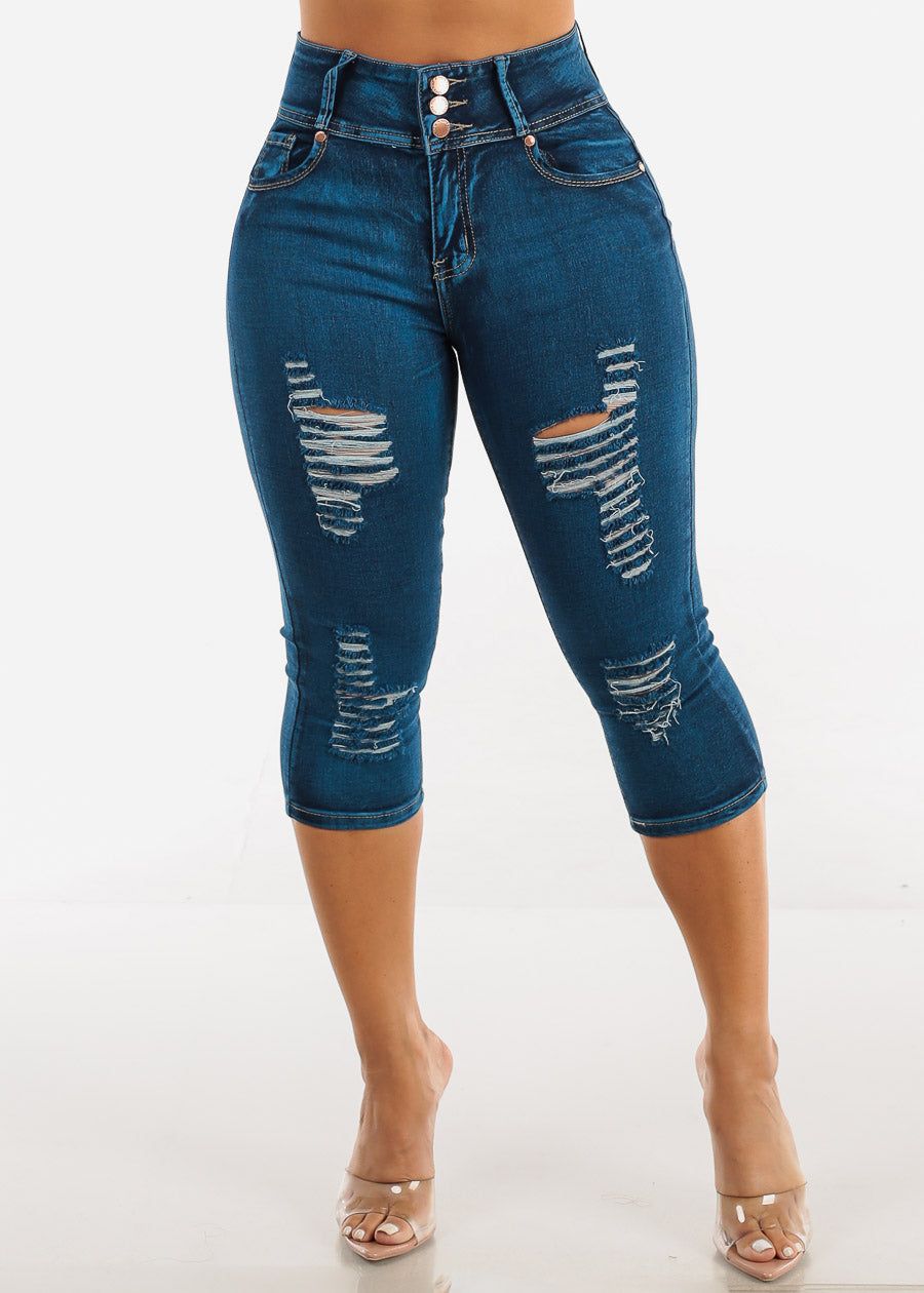 Butt Lifting High Waisted Ripped Denim Capris sold by Moda product image thumbnail 3