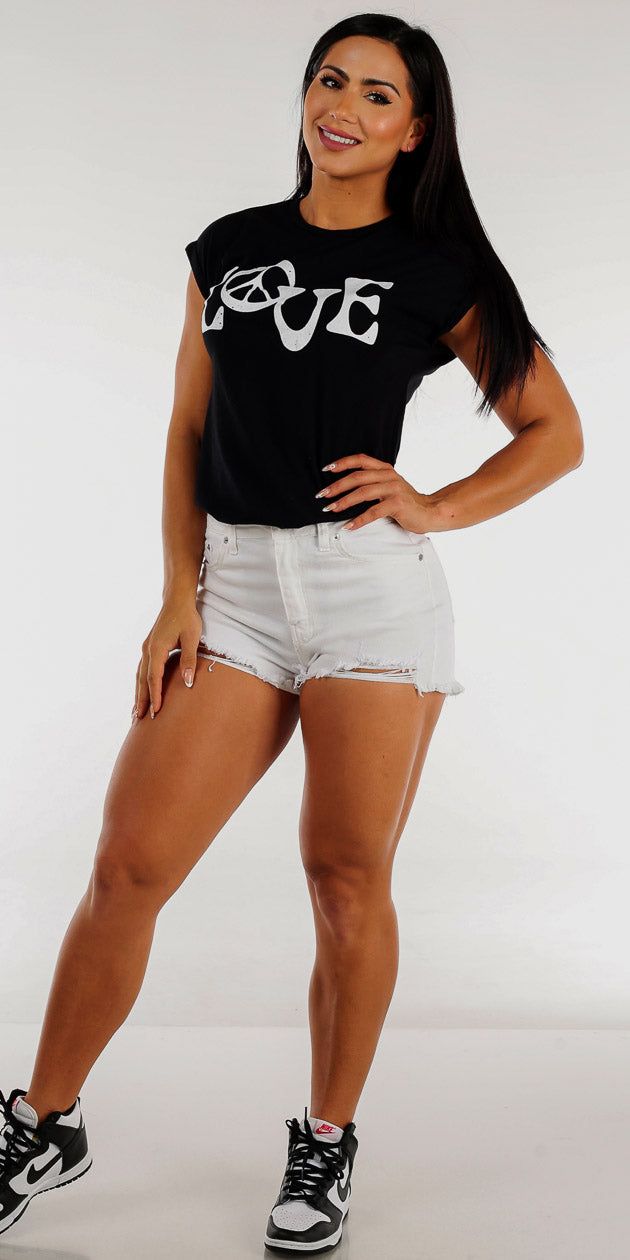 High Waisted Ripped White Denim Shorts with Black Cap Sleeve Love Graphic Tee sold by Moda