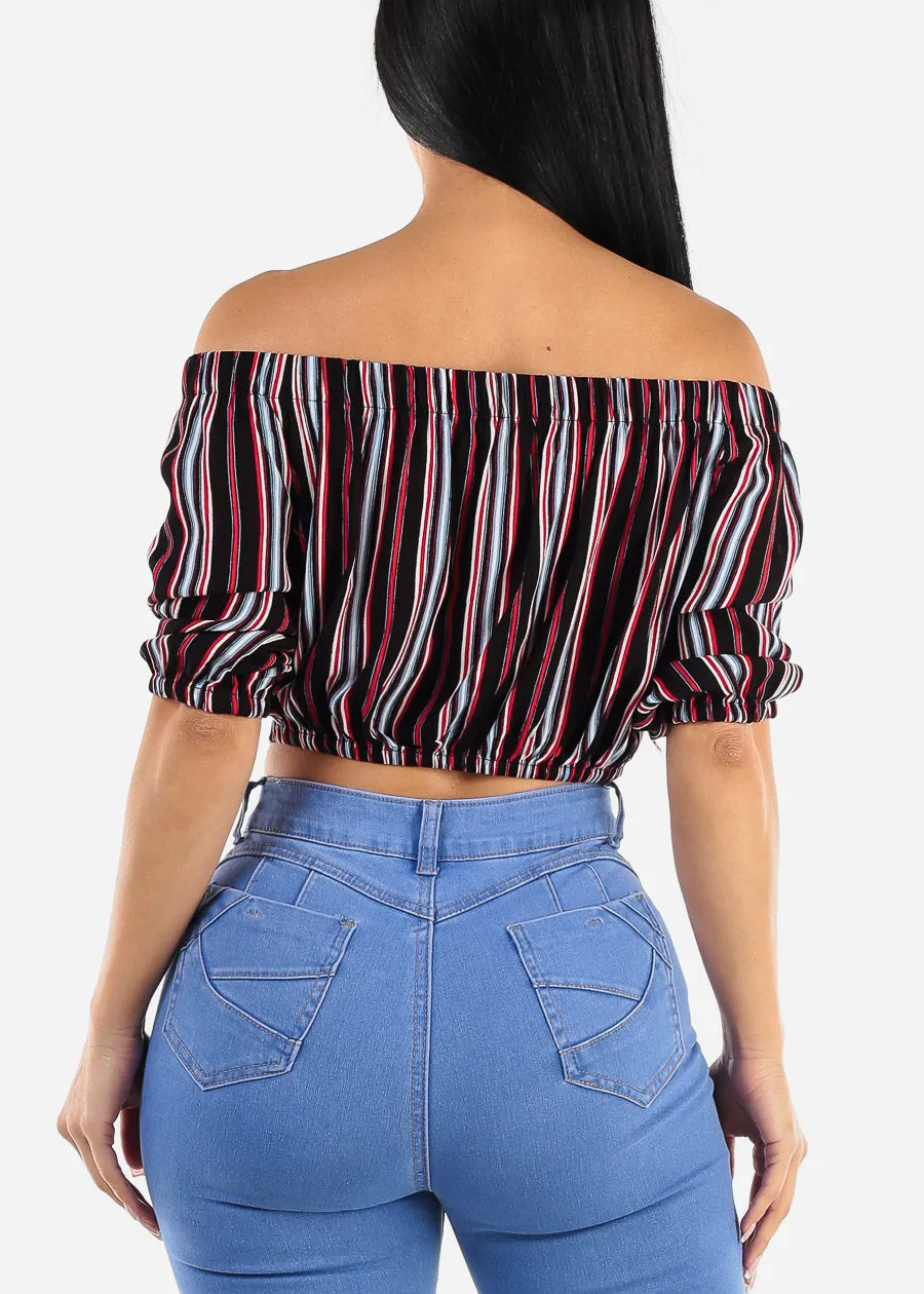Stripe Off Shoulder Tie Front Crop Top Black sold by Moda product image thumbnail 4