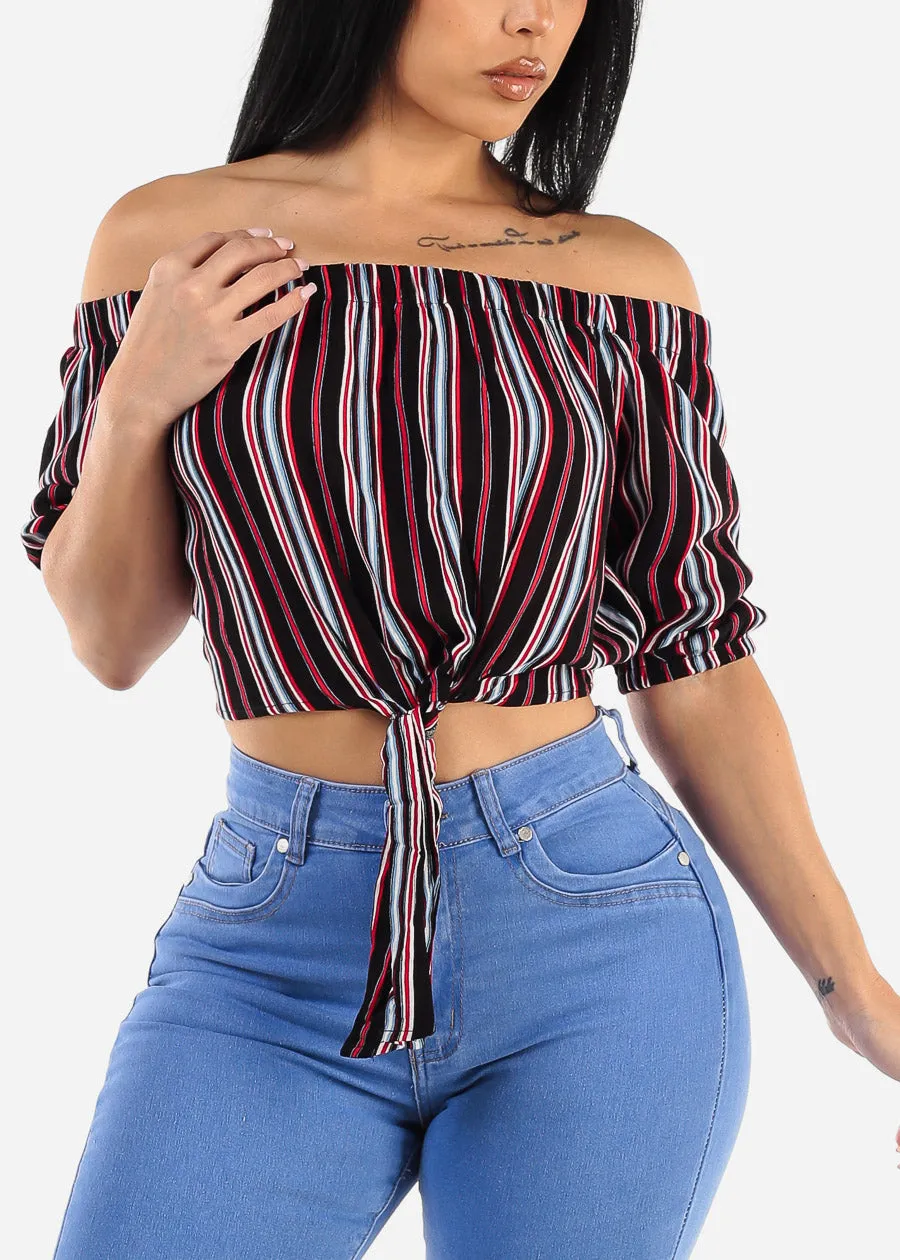 Stripe Off Shoulder Tie Front Crop Top Black sold by Moda